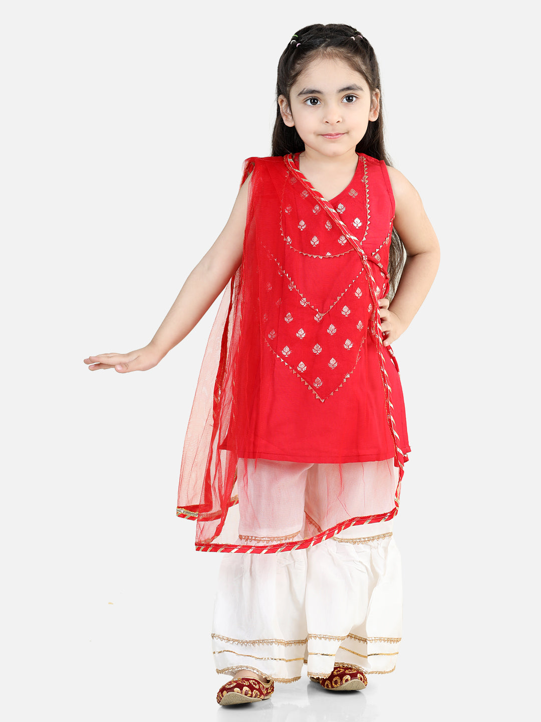 Red Embroidered Butti Kurta With Lace Detailed Sharara & Dupatta