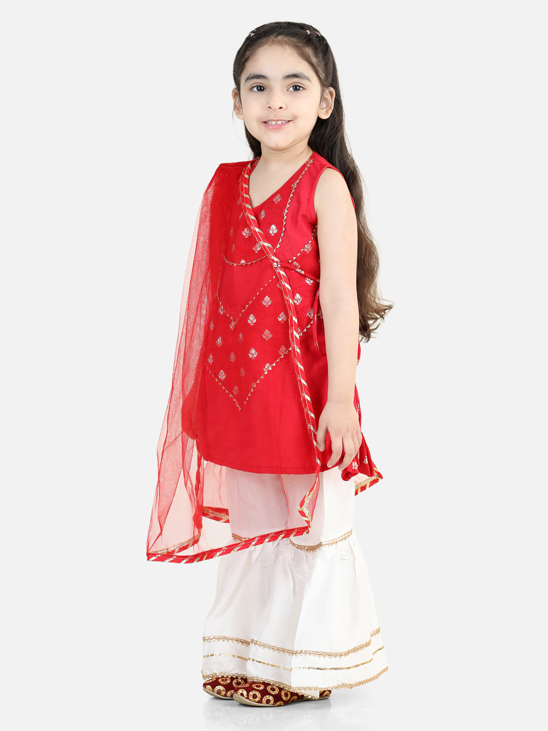 Red Embroidered Butti Kurta With Lace Detailed Sharara & Dupatta
