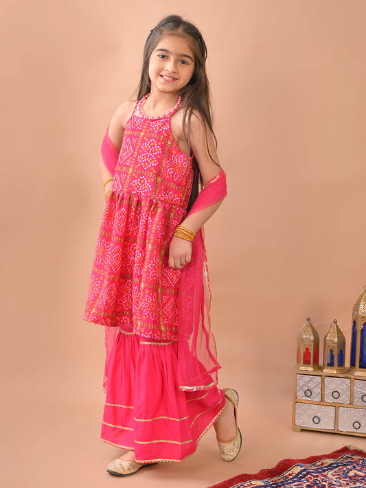Pink bandez sleeveless Kurti paired with pink sharara pant and dupatta