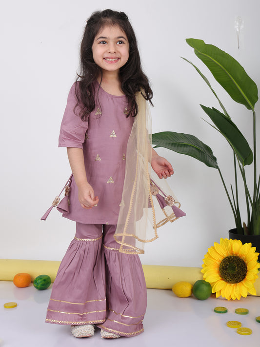Purple embroidered Kurti with sharara and dupatta