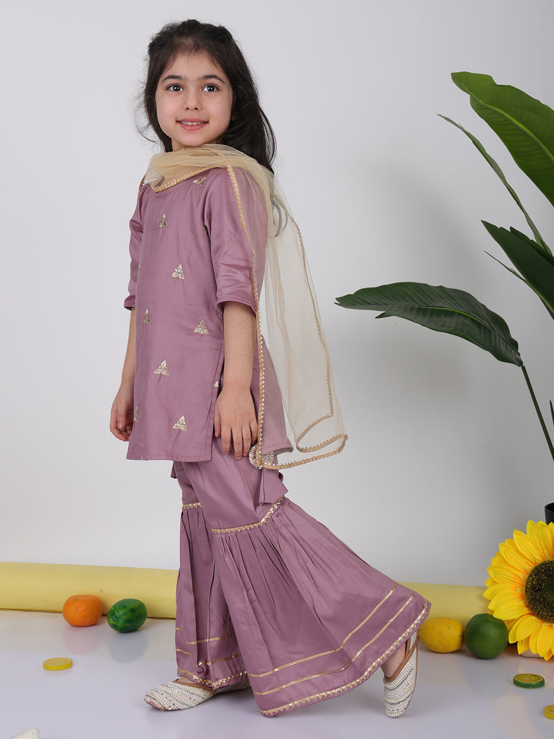 Purple embroidered Kurti with sharara and dupatta