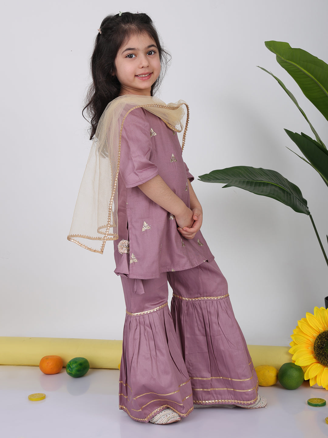 Purple embroidered Kurti with sharara and dupatta