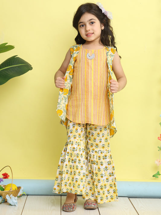 Yellow stripped sleeveless kurti with Floral sharara and jacket