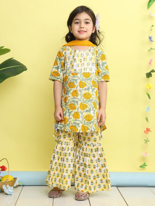 Yellow 3/4 sleeves printed Kurti with yellow sharara pant and dupatta