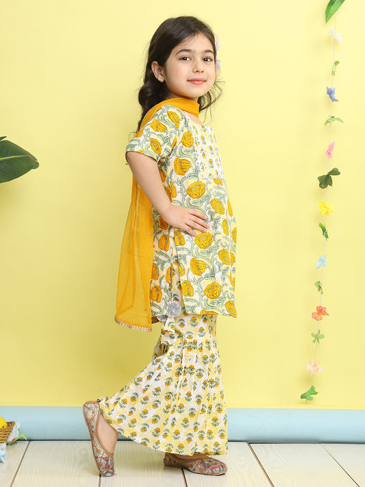 Yellow 3/4 sleeves printed Kurti with yellow sharara pant and dupatta