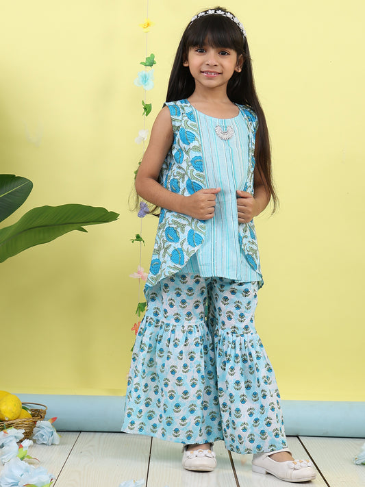 Blue stripped sleeveless kurti with Floral sharara and jacket