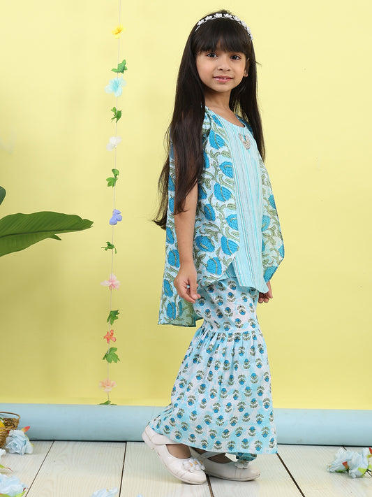 Blue stripped sleeveless kurti with Floral sharara and jacket