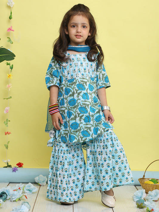 Blue 3/4 sleeves printed Kurti with blue sharara pant and dupatta