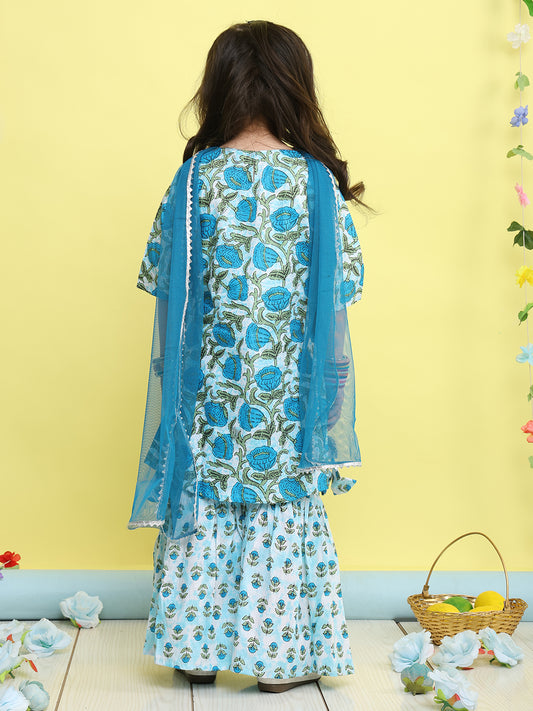 Blue 3/4 sleeves printed Kurti with blue sharara pant and dupatta