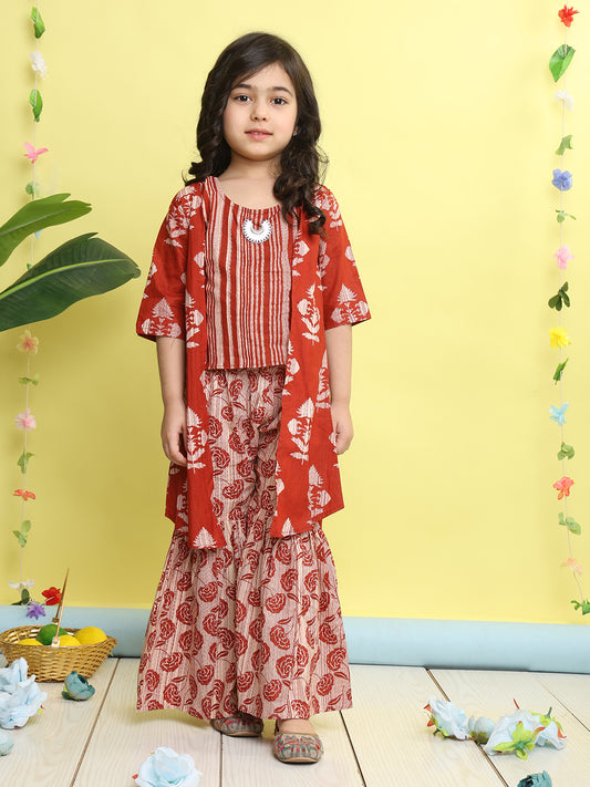 Red stripped sleeveless top with Floral sharara and jacket