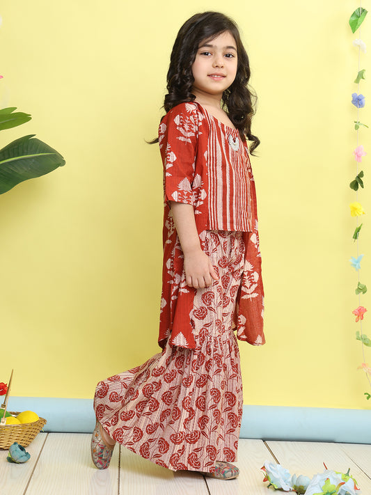 Red stripped sleeveless top with Floral sharara and jacket