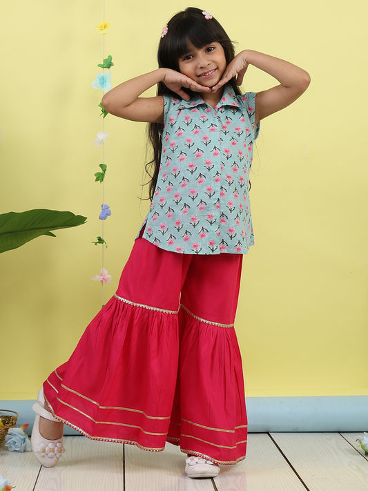 Green sleeveless collar kurti with pink Sharara