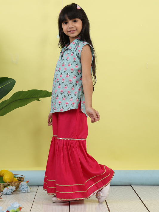 Green sleeveless collar kurti with pink Sharara