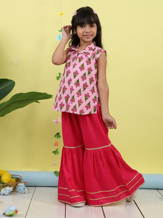 Pink sleeveless collar kurti with pink Sharara