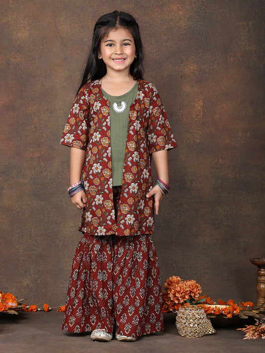 Green katha sleeveless kurti with Floral sharara and jacket