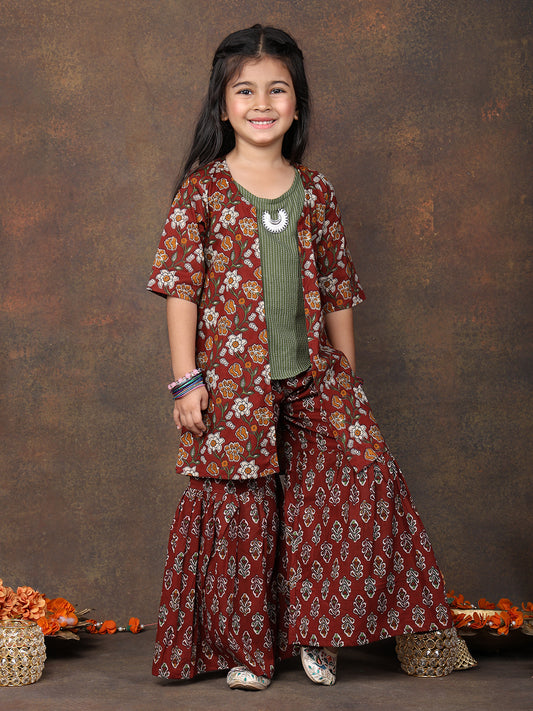 Green katha sleeveless kurti with Floral sharara and jacket