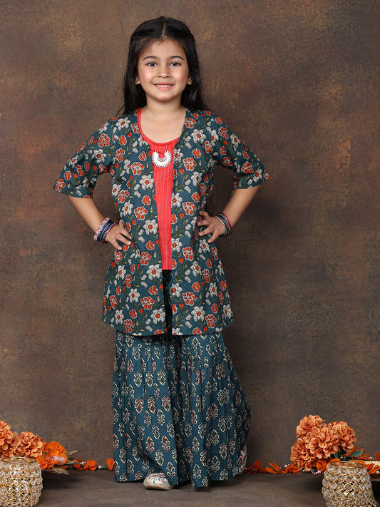 Red katha sleeveless kurti with Floral sharara and jacket