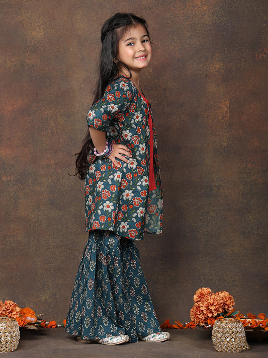 Red katha sleeveless kurti with Floral sharara and jacket