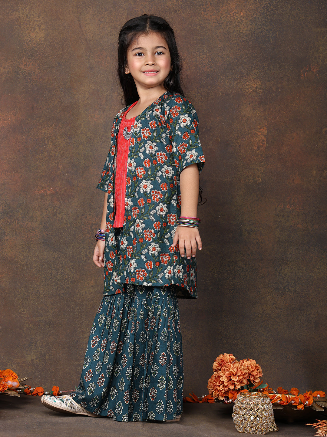 Red katha sleeveless kurti with Floral sharara and jacket