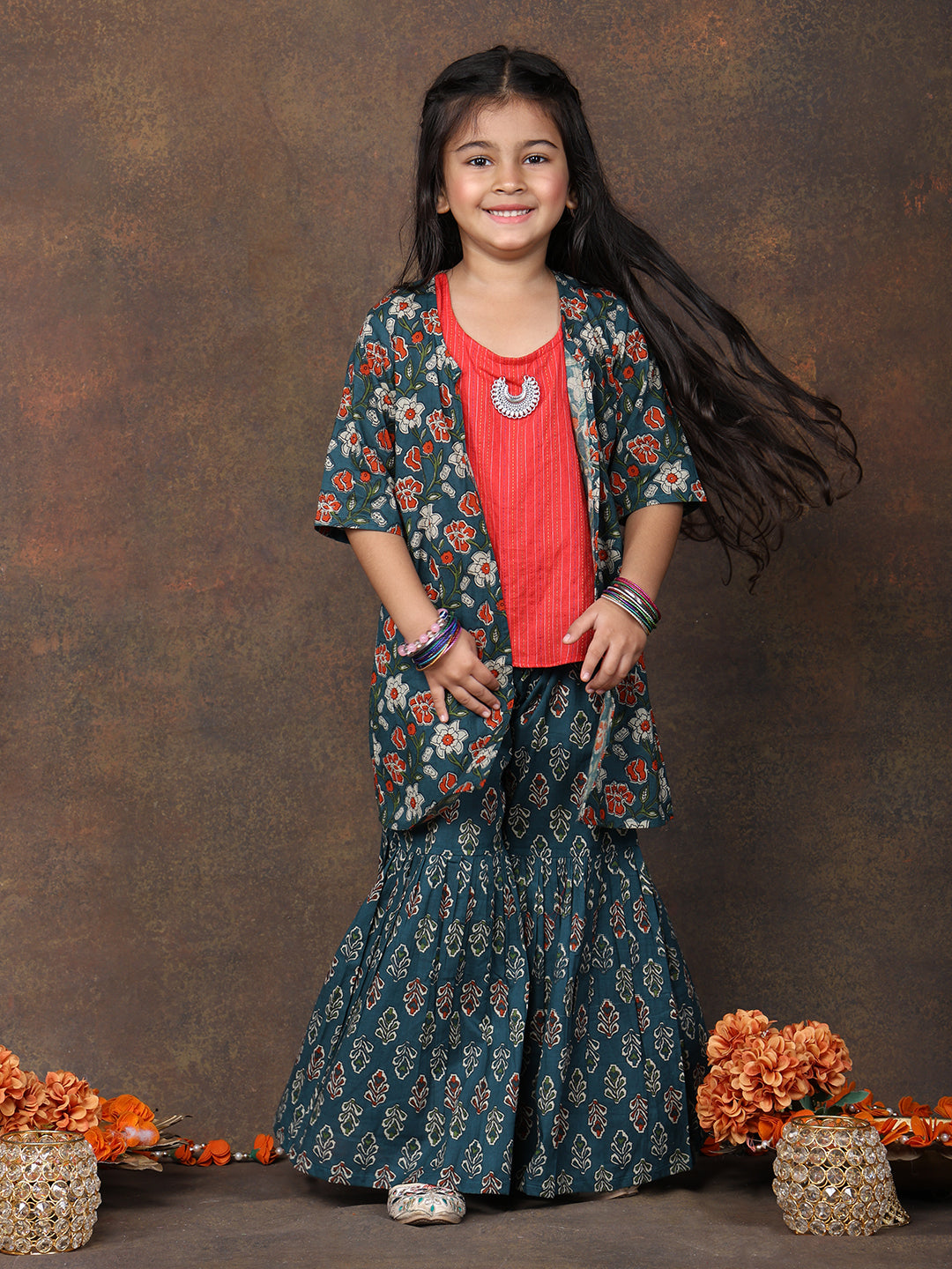 Red katha sleeveless kurti with Floral sharara and jacket