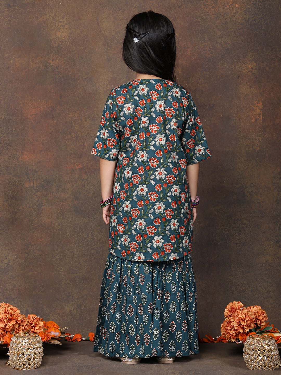Red katha sleeveless kurti with Floral sharara and jacket