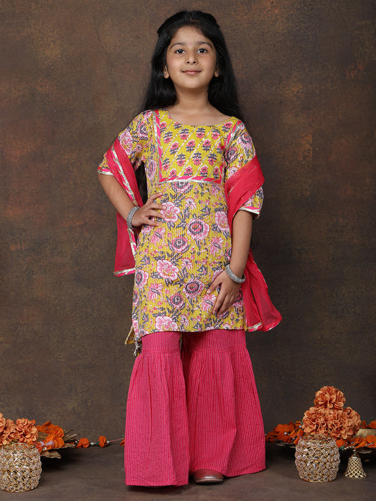 Yellow katha kurti with Pink sharara pant and dupatta