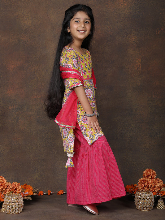 Yellow katha kurti with Pink sharara pant and dupatta