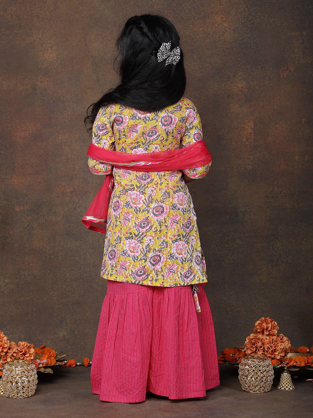 Yellow katha kurti with Pink sharara pant and dupatta