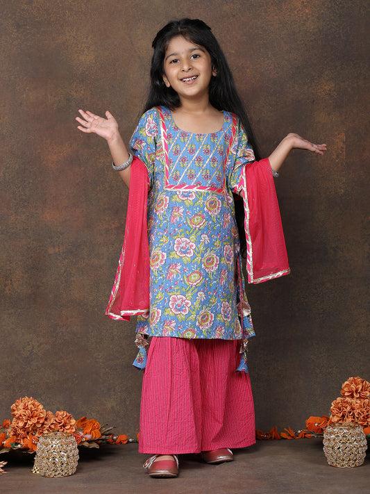 Blue 3/4 sleeves printed Kurti with Pink sharara pant and dupatta