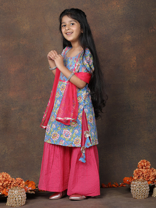 Blue 3/4 sleeves printed Kurti with Pink sharara pant and dupatta