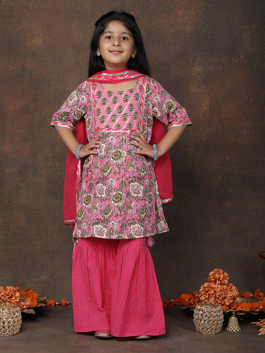 Pink Katha Kurti with Pink sharara pant and dupatta