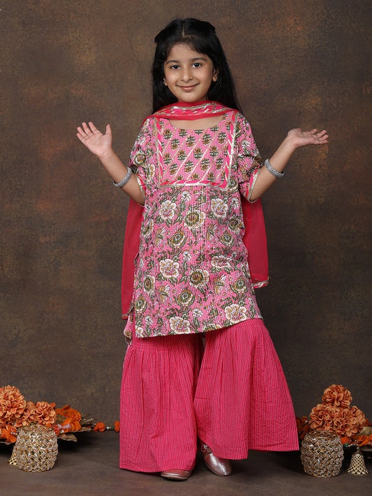 Pink Katha Kurti with Pink sharara pant and dupatta
