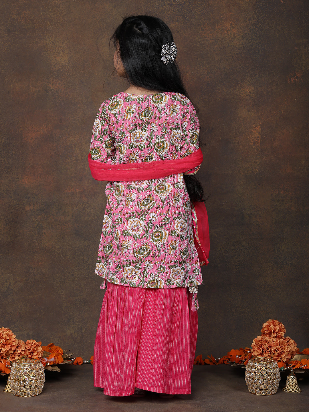 Pink Katha Kurti with Pink sharara pant and dupatta