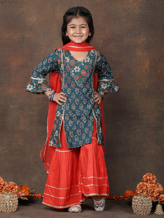 Blue 3/4 sleeves printed Kurti with Red sharara pant and dupatta