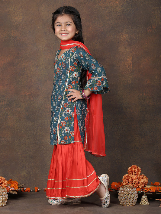 Blue 3/4 sleeves printed Kurti with Red sharara pant and dupatta