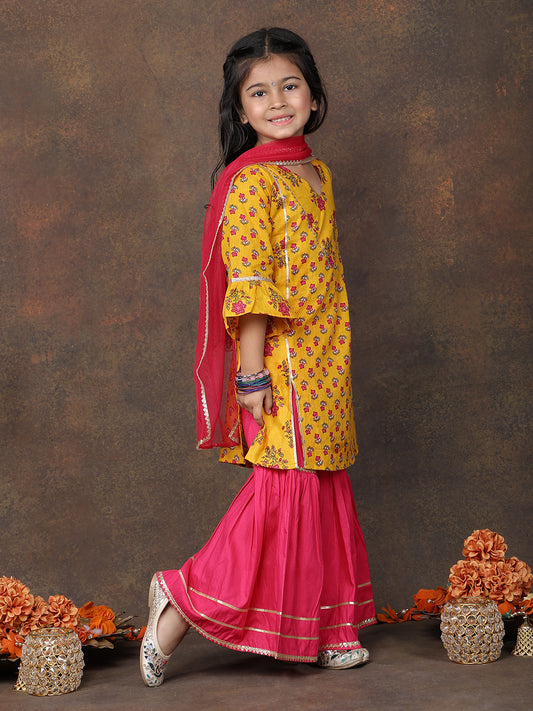 Yellow 3/4 sleeves printed Kurti with Pink sharara pant and dupatta