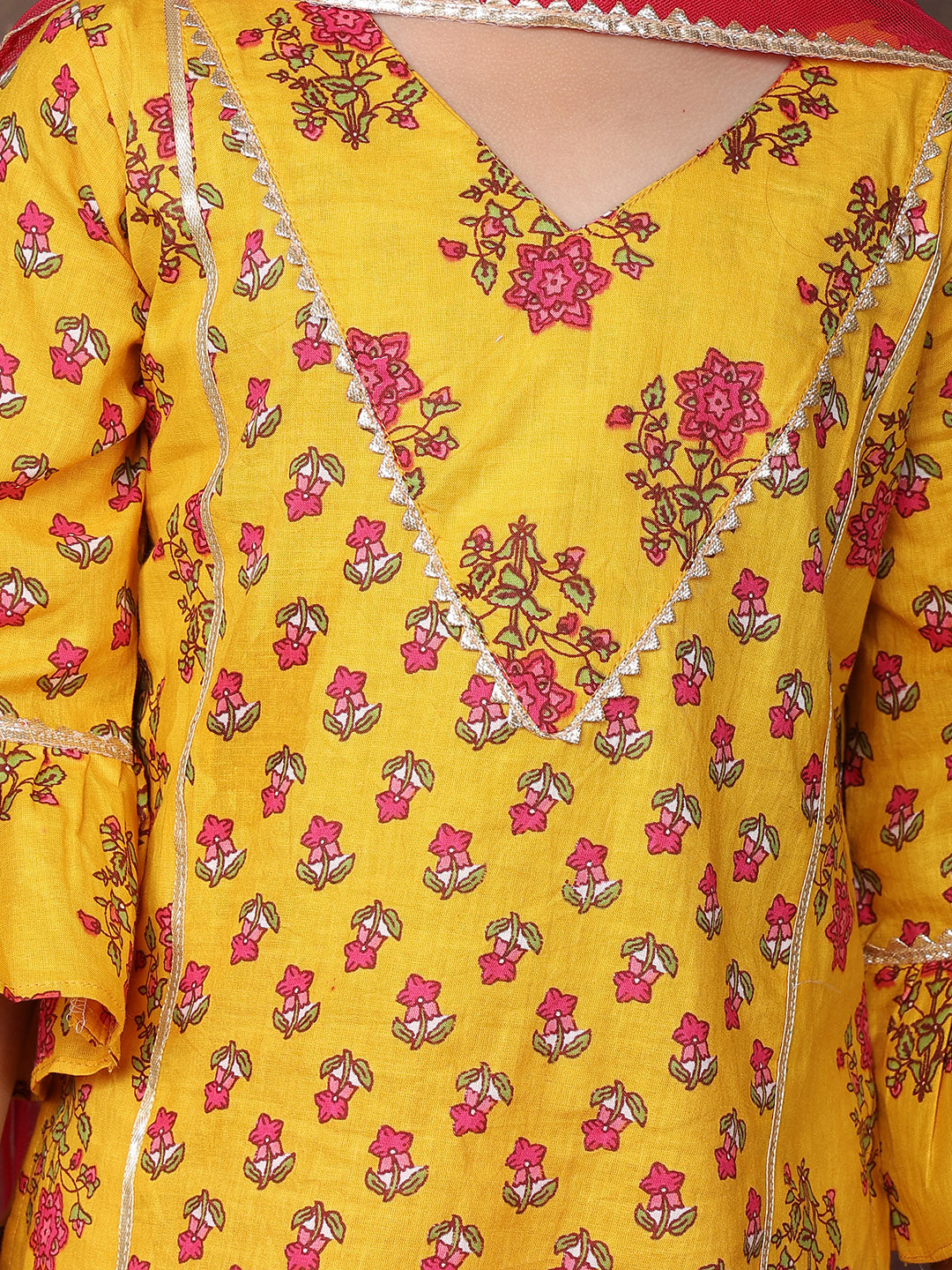Yellow 3/4 sleeves printed Kurti with Pink sharara pant and dupatta