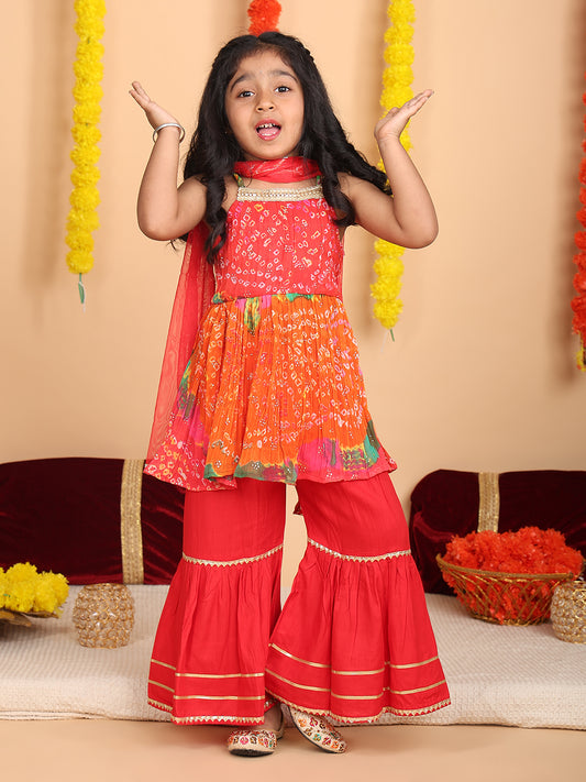 Red bandez printed Crushed sleeveless kurti with red sharara and dupatta