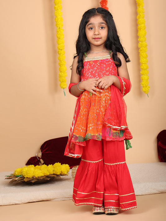 Red bandez printed Crushed sleeveless kurti with red sharara and dupatta