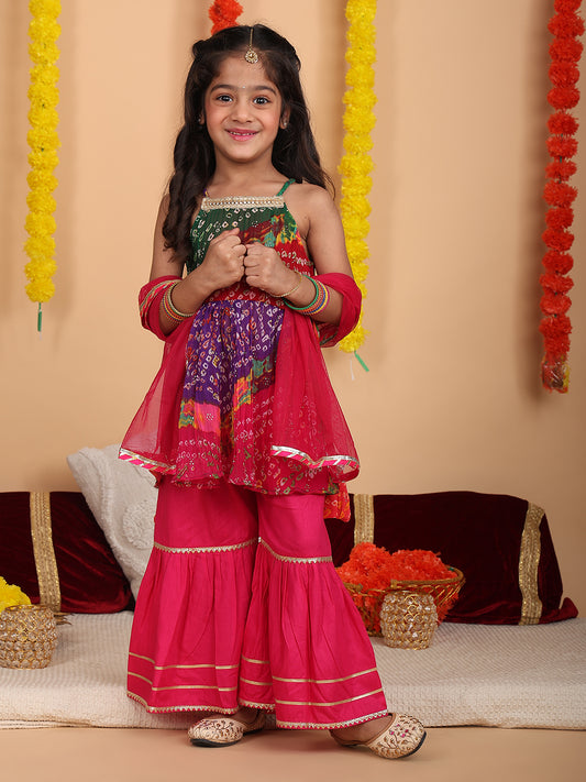 Pink bandez printed Crushed sleeveless kurti with Pink sharara and dupatta