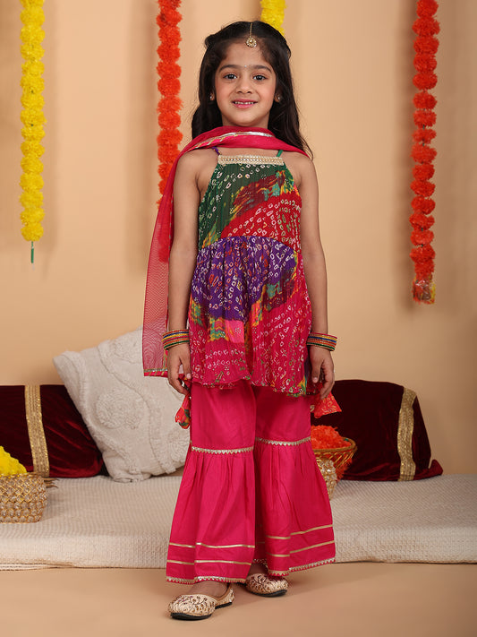 Pink bandez printed Crushed sleeveless kurti with Pink sharara and dupatta