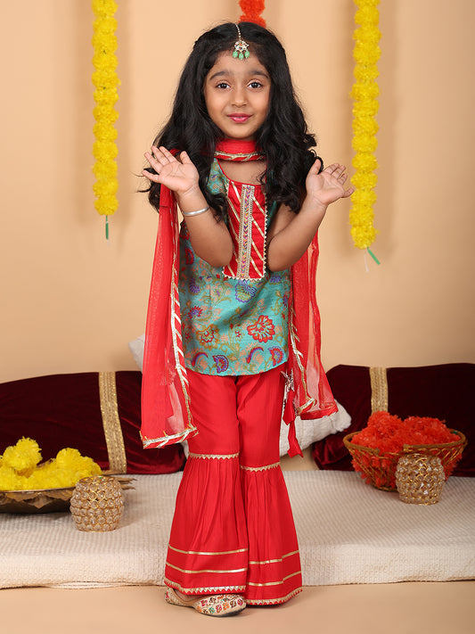 Green printed sleeveless kurti with Red sharara and dupatta