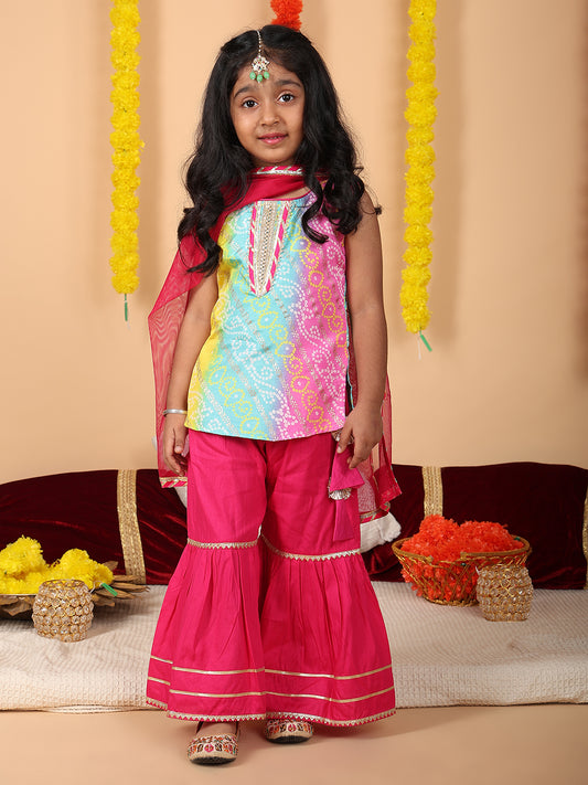 Multi Color printed sleeveless kurti with Pink sharara and dupatta