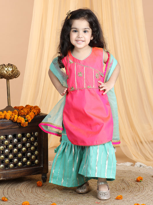 Pink embroidered Kurti paried with gold printed Sharara pant