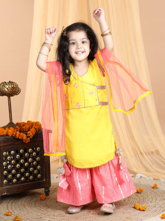 Yellow embroidered Kurti paried with gold printed Sharara pant