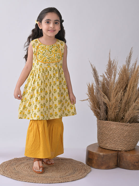 Yellow & Green Floral Kurti paried with yellow Sharara
