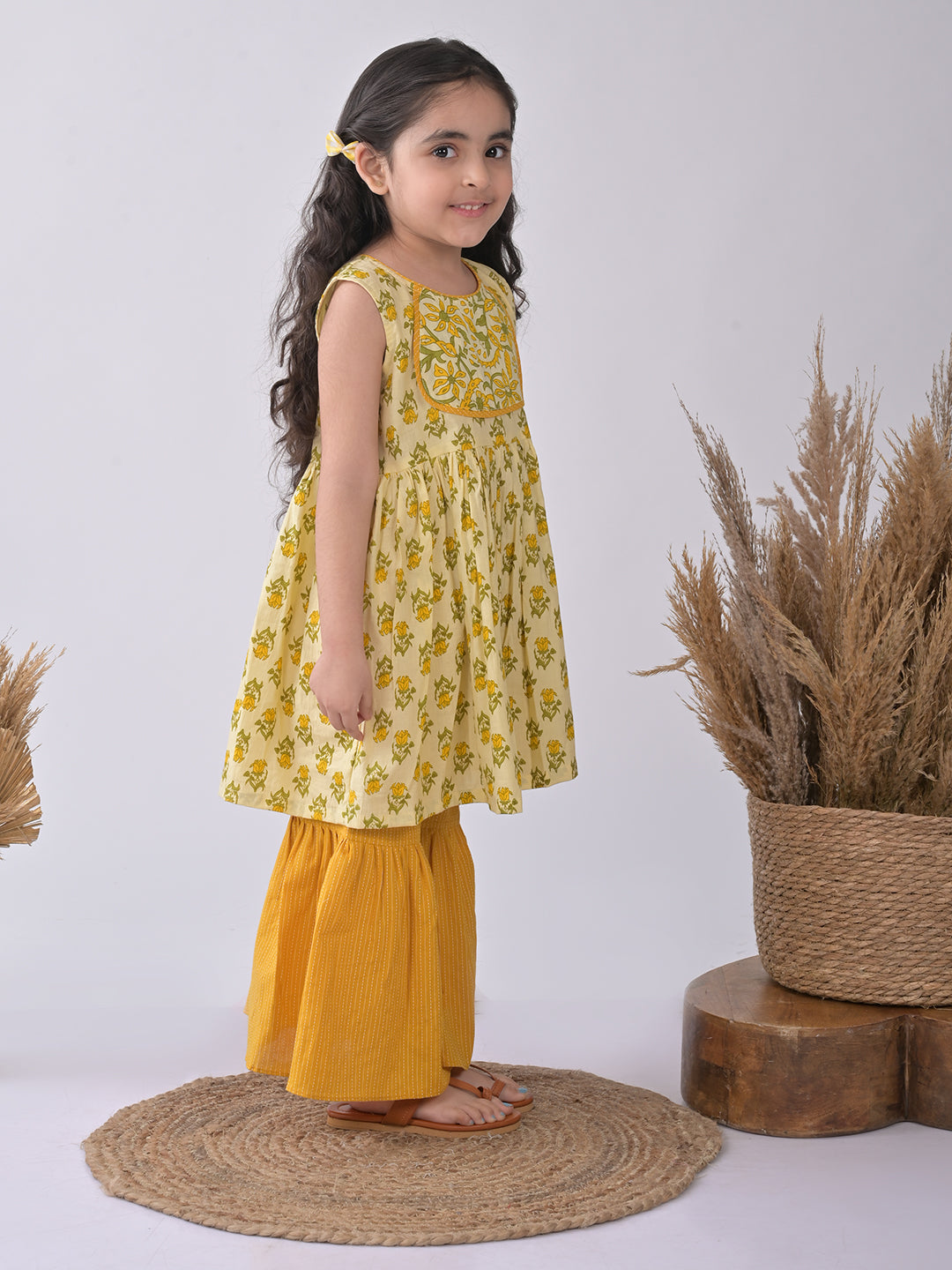 Yellow & Green Floral Kurti paried with yellow Sharara