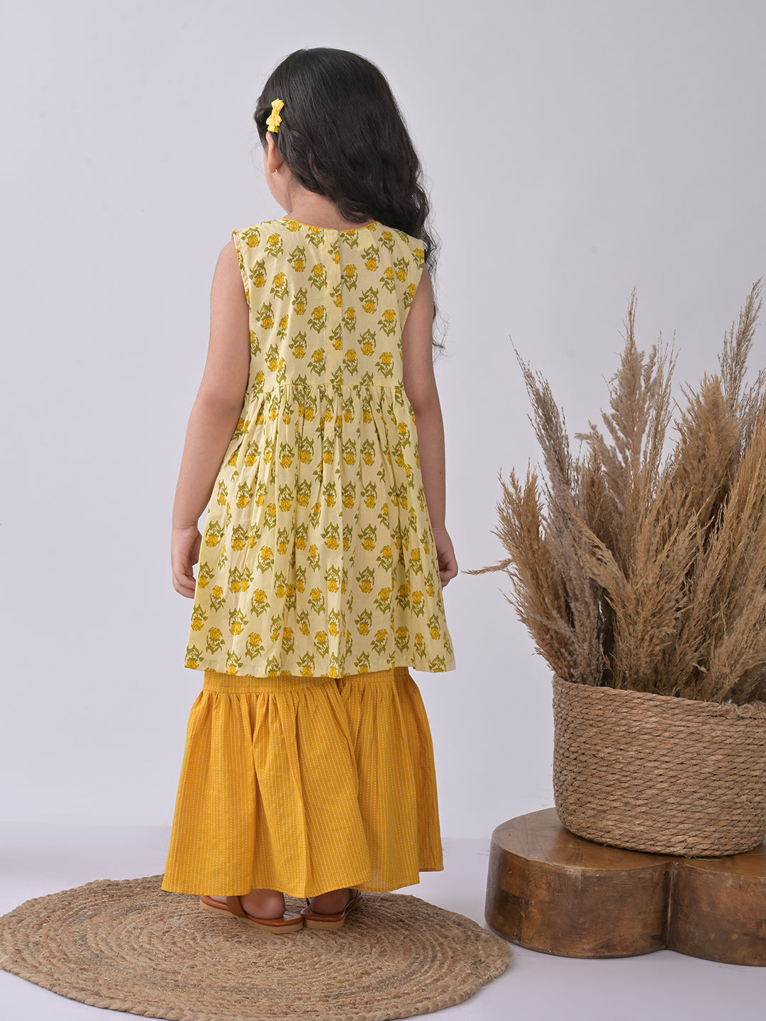 Yellow & Green Floral Kurti paried with yellow Sharara