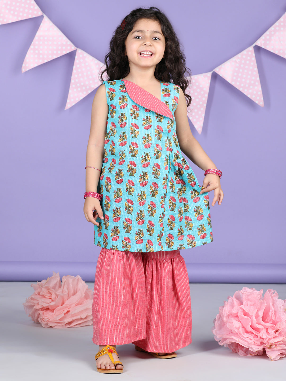 Blue Floral printed Collar style kurti with sharara