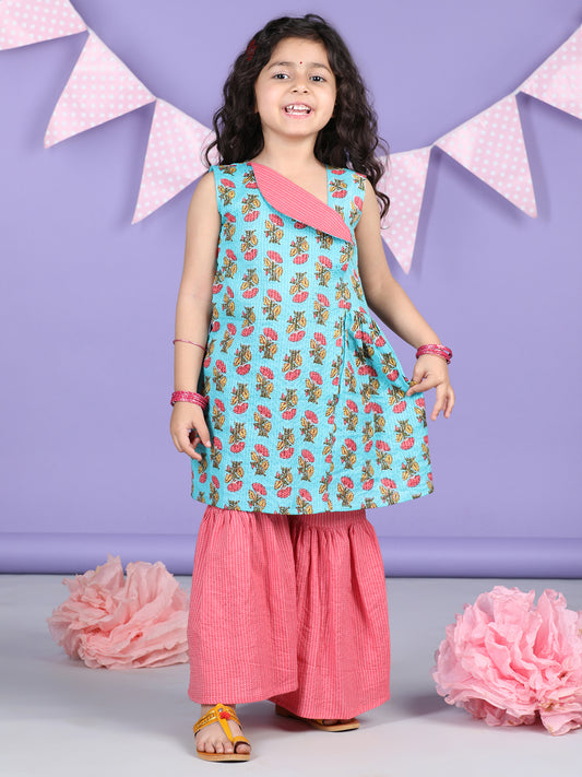 Blue Floral printed Collar style kurti with sharara